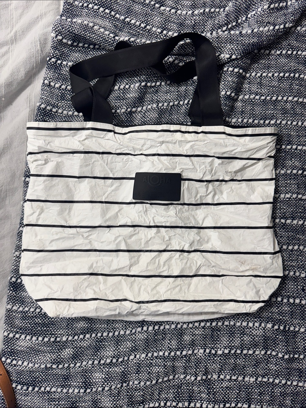 ALOHA Collection Black & White Striped Tote with Embossed Logo Patch